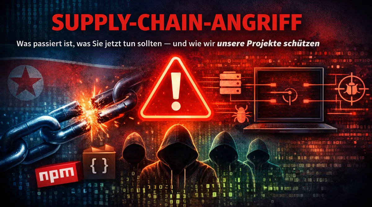 Abstrakte Darstellung eines gebrochenen Kettenglieds in einer Software-Lieferkette mit npm-Paket-Symbolen und einem Warnsymbol