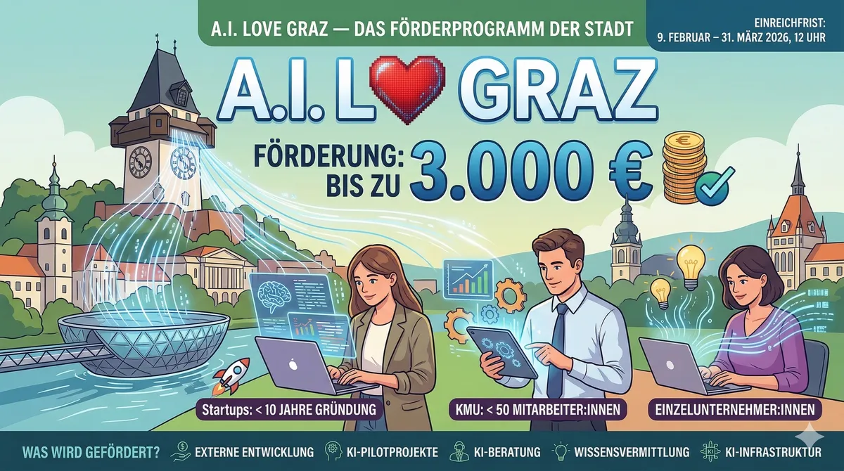 Ein illustriertes Banner für das Förderprogramm „A.I. Love Graz“ mit dem Grazer Uhrturm und dem Kunsthaus im Hintergrund. Drei Personen arbeiten an Laptops und Tablets, umgeben von digitalen KI-Symbolen. Der Text hebt eine Förderung von bis zu 3.000 € für Startups, KMU und Einzelunternehmen sowie die Einreichfrist bis zum 31. März 2026 hervor.