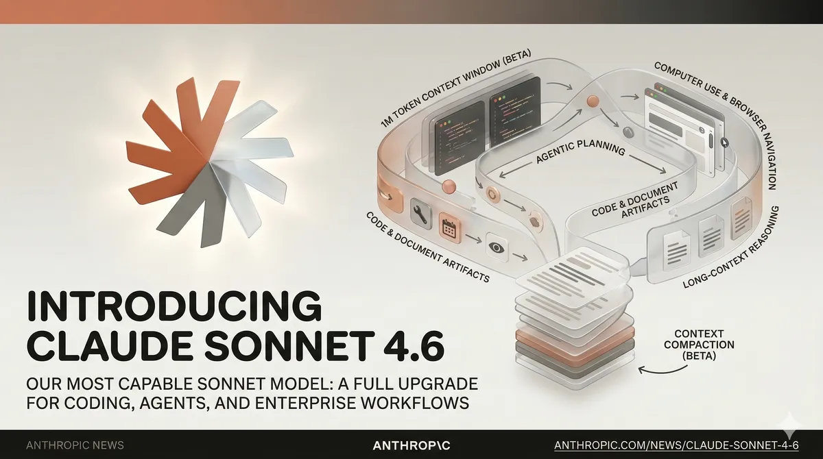 A professional graphic for 'Claude Sonnet 4.6' featuring Anthropic's signature 3D-effect logo and diagrams of glass-like UI windows. The text reads 'Introducing Claude Sonnet 4.6: Our most capable Sonnet model: A full upgrade for coding, agents, and enterprise workflows.